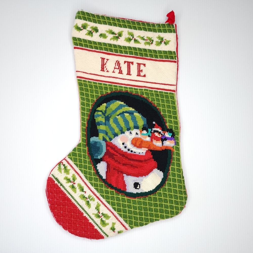 Vintage Needlepoint Christmas Stocking Snowman Holly Berries Kate